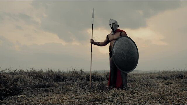 Spartan posing with spear in field.