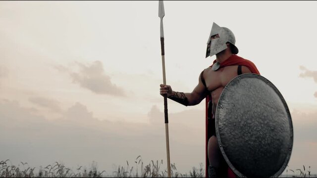 Shirtless spartan posing with spear in field.