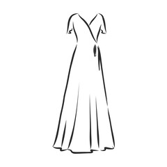 women's dresses. Hand drawn vector illustration. Black outline drawing isolated on white background women's dress, vector sketch illustration
