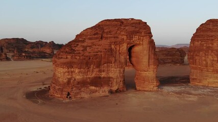 Morning sunrise aerial views of Elephant Rock (Jabal AlFil) in Al Ula, Western Saudi Arabia
