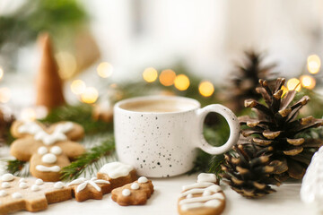Coffee, homemade gingerbread cookies, pine cones decorations and warm lights on white  table