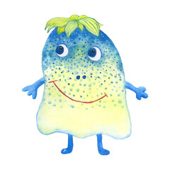 Hand-drawn watercolor monster isolated on a white background. A childish colorful ghost. Blue and yellow fanny alien illustration for your design.