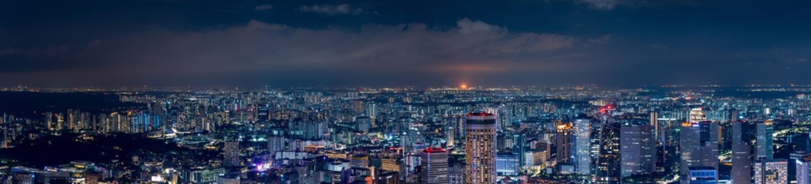 Ultra Wide panorama image of Singapore central area at night.