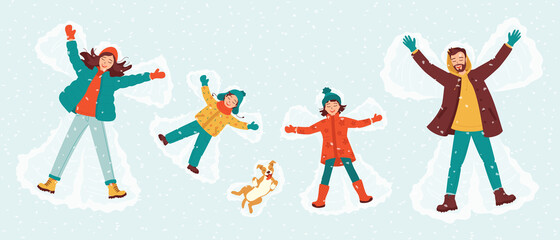 Happy family mom, dad, son, daughter and dog make a snow angel. Family vacation concept, template for postcard, invitation, banner. Winter fun. Collection of cute characters. Vector illustration