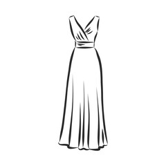 women's dresses. Hand drawn vector illustration. Black outline drawing isolated on white background women's dress, vector sketch illustration