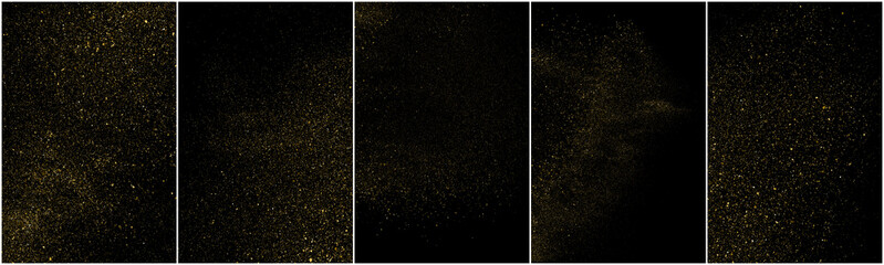 Fototapeta na wymiar Set of Gold Glitter Texture Isolated on Black Background. Golden stardust. Amber Particles Color. Sparkles Rain. Vector Illustration, Eps 10.