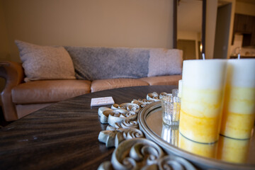 Apartment interior coffee table with candles