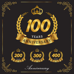 set 100, 200, 300, 400 th golden anniversary logo, with gold ribbon, laurel wreath isolated on black background, vector design for birthday celebration