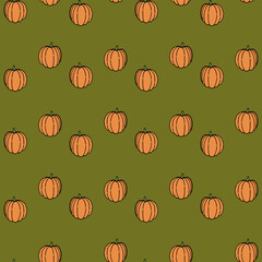 Seamless pattern with cute pumpkin on dark green background. Vector image.