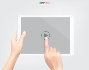 Hand holding and touch screen tablet background. Vector.