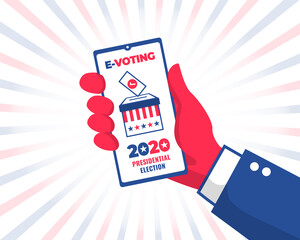 Man's hand with phone voting online for 2020 USA presidential election. E-voting concept