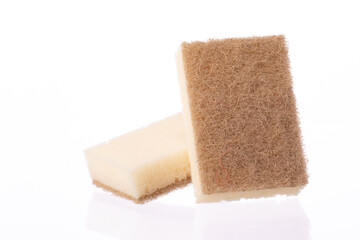 Organic eco-friendly sponges for washing dishes isolated on white background. Dual-sided scrubbing...