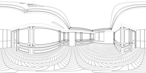 spherical panorama of the interior, contour visualization, 3D illustration, sketch, outline