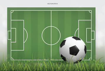 Football field or soccer field background with football ball. Green grass court for create soccer game. Vector.
