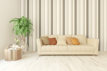White living room with sofa. Scandinavian interior design. 3D illustration