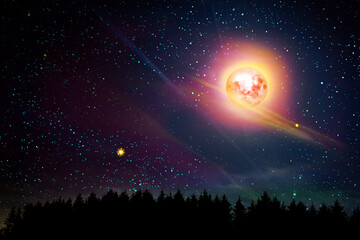 Christmas star and full moon. Abstract holiday background.