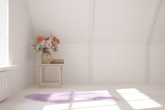 White empty room. Scandinavian interior design. 3D illustration