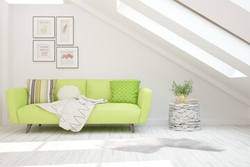 White living room with sofa. Scandinavian interior design. 3D illustration