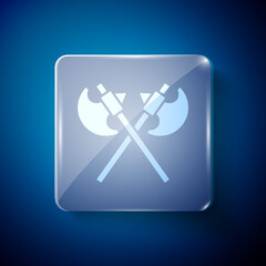 White Crossed medieval axes icon isolated on blue background. Battle axe, executioner axe. Medieval weapon. Square glass panels. Vector.