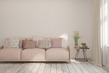White living room with sofa. Scandinavian interior design. 3D illustration