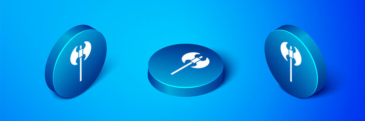 Isometric Medieval axe icon isolated on blue background. Battle axe, executioner axe. Medieval weapon. Blue circle button. Vector.
