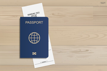 Passport and boarding pass ticket on wood background. Vector.