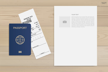 Passport and boarding pass ticket on wood background. Vector.