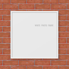 Empty photo frame on red brick wall texture background. Vector.