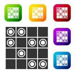 Black Board game of checkers icon isolated on white background. Ancient Intellectual board game. Chess board. White and black chips. Set icons in color square buttons. Vector.