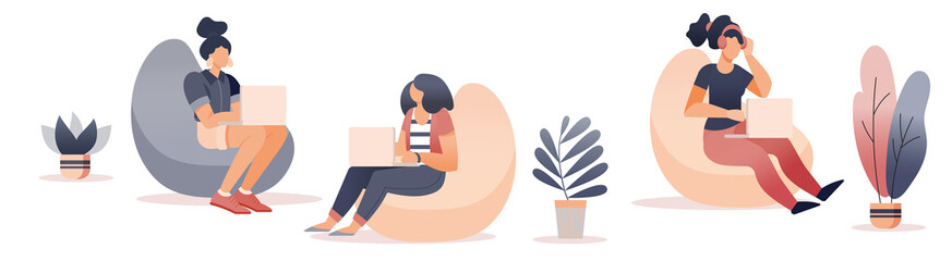 Freelancer working at coworking office. Flat style cartoon faceless character. Lifestyle, creativity concept. Minimal vector illustration.