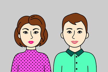 Two young adults, European family, man and woman with brown hair. Pair of friendly nice people, cartoon simple portrait. Vector flat design, easy to edit.