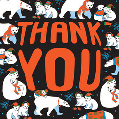 Lettering with text Thank you with animals, polar bears for web, flat vector stock illustration on black background