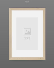 Wooden photo frame or picture frame on gray background. For interior design and decoration. Vector.