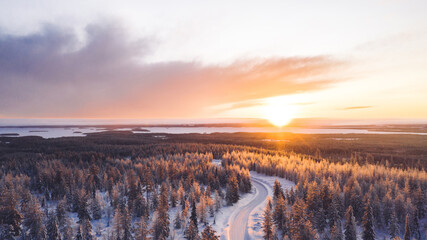Aerial view from drone of snowy pines of endless coniferous forest trees in Lapland National park, bird’s eye scenery  view of natural landmark in Riisitunturi on winter season at sunset golden light