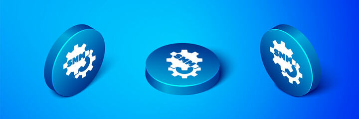 Isometric SMM icon isolated on blue background. Social media marketing, analysis, advertising strategy development. Blue circle button. Vector.