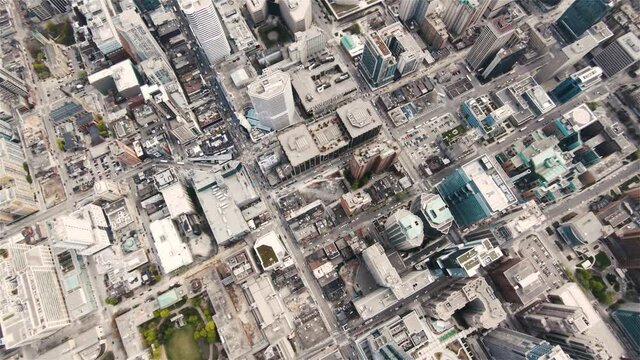 4K Aerial Sequence of Toronto, Canada - Birds eye view of the Dundas Square during the day