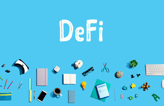 Decentralized Finance Defi theme with collection of electronic gadgets and office supplies