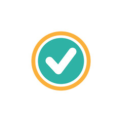 Valid Seal icon. white tick in orange and blue circle . Flat OK sticker icon. Isolated on white.