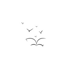 Open book with black birds Isolated on white background. Flat line icon. Vector illustration.