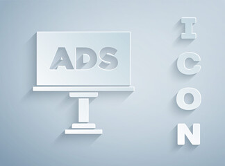 Paper cut Advertising icon isolated on grey background. Concept of marketing and promotion process. Responsive ads. Social media advertising. Paper art style. Vector.