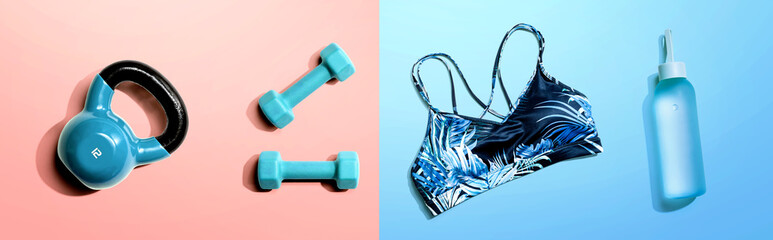 Fitness theme with dumbbells and a sportswear - flat lay