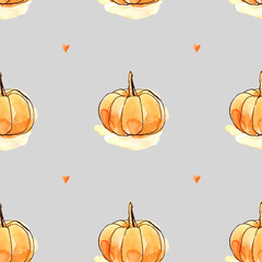 Pumpkin harvest heart season autumn gray minimalistic textile fabric pattern watercolor stain cute feminine repeating
