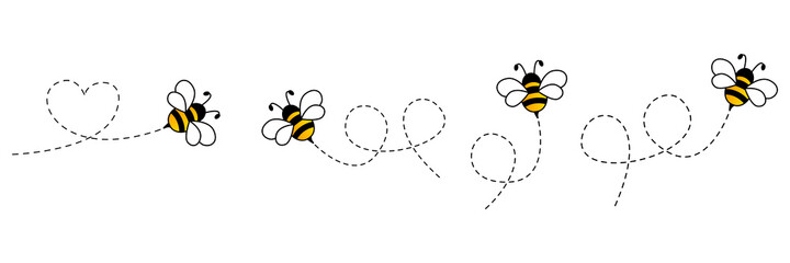 Cartoon bee icon set. Bee flying on a dotted route isolated on the white background. Vector illustration. - obrazy, fototapety, plakaty