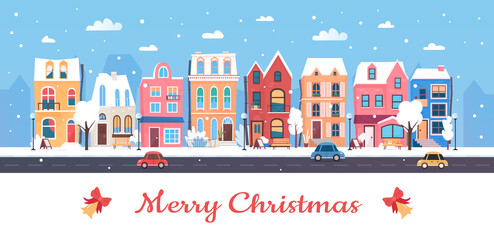 Naklejka premium Merry Christmas, Happy New Year in winter city vector illustration. Cartoon flat urban wintery snowy cityscape with cute town houses, car on street road and snow trees. Greeting card design background