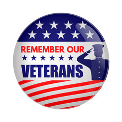 Veteran's day badge, label or sign. US Army soldier saluting against USA Flag. Vector illustration.