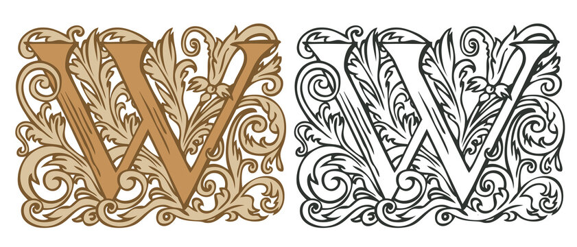 Initial letter W with vintage Baroque decorations. Two vector uppercase letters W in beige and black-white colors. Beautiful filigree capital letter to use for monogram, logo, emblem, card, invitation