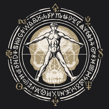Illustration with a human figure like Vitruvian man by Leonardo Da Vinci, skull and magical symbols. Hand-drawn banner with cryptic signs written in a circle in retro style on a black background