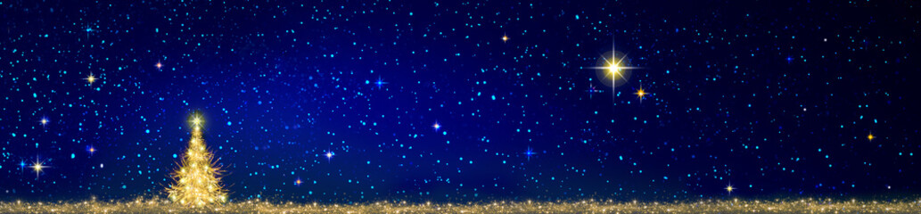 Fototapeta na wymiar Golden Christmas tree isolated on blue stars sky. Christmas background.