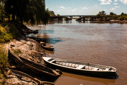 View of the Gualeguay river with abandoned boats, Entre Rios, ARgentina