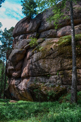 large geometric stone red rocks overgrown with light green yellow moss in light of sun with shadows, cliff forest between trees. Krasnoyarsk pillars, nature park in Siberia